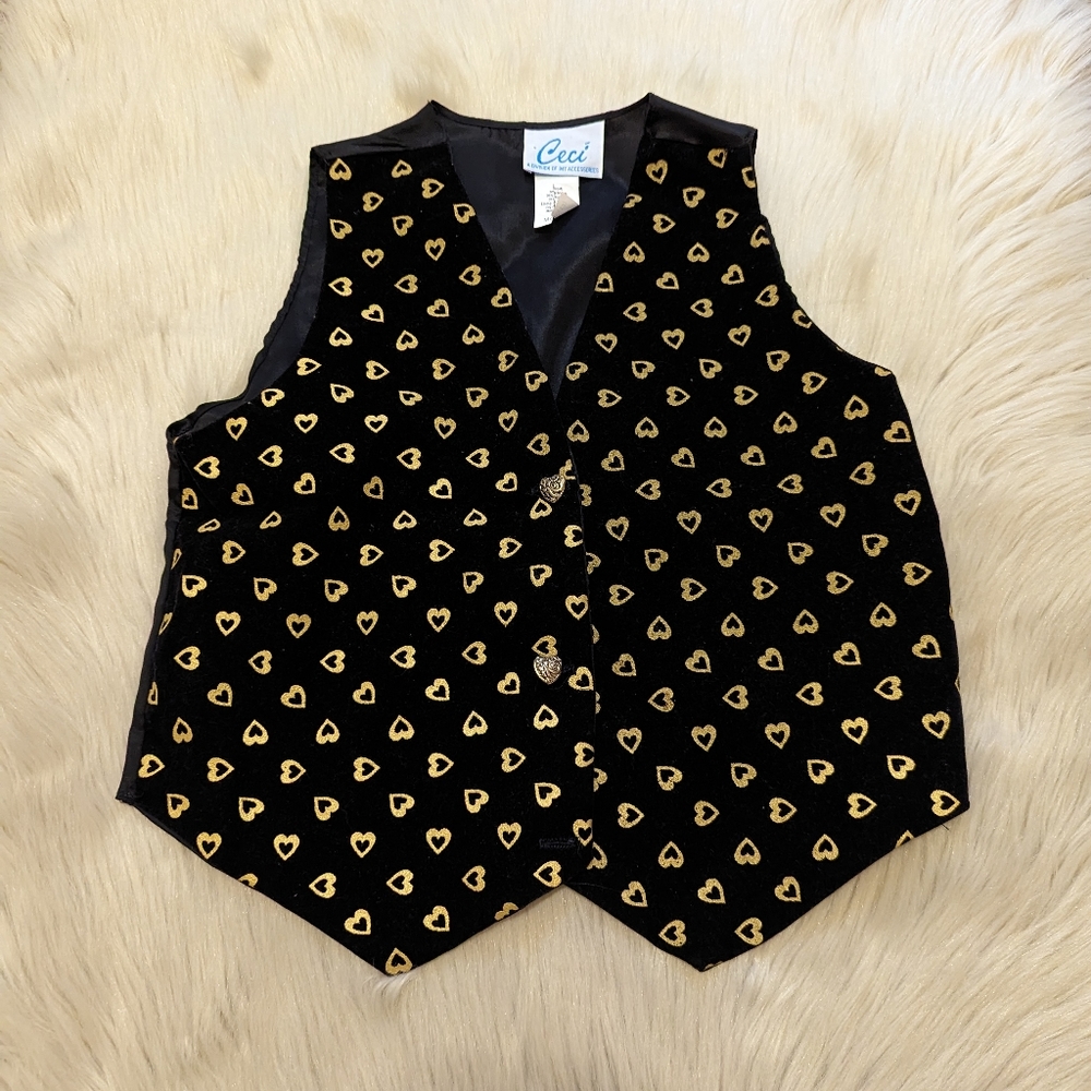 Vintage Ceci black velvet vest with gold heart print size M